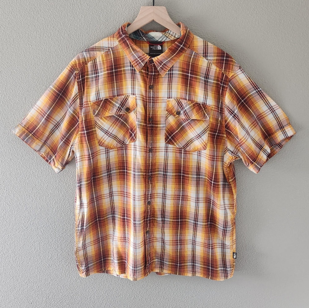 The North Face Button Down Shirt Size XL Orange & Yellow Plaid Short Sleeve Camp